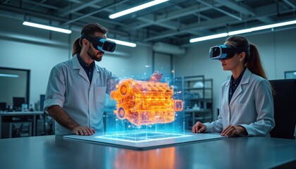 Engineers use virtual reality headsets for car engine diagnosis in workshop. Augmented reality interface shows 3D engine visualization. Mechanics use innovative tech to fix automobile. Smart service
