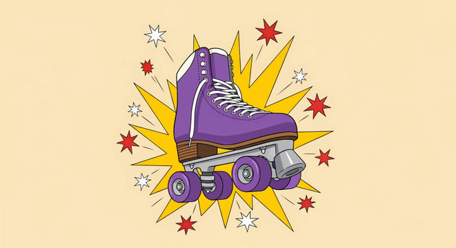 A dynamic purple roller skate in a vibrant pop art and comic style vector with a star explosion and bright colors