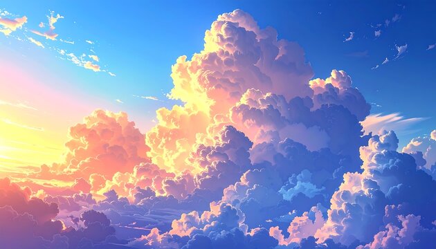 An anime-style landscape showing a fluffy, sunlit cloudscape with a gradient of yellows, pinks and blues. The sky is bright and vivid - Powered by Adobe
