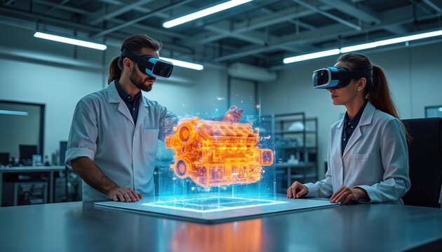 Engineers use virtual reality headsets for car engine diagnosis in workshop. Augmented reality interface shows 3D engine visualization. Mechanics use innovative tech to fix automobile. Smart service
