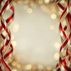 Abstract holiday background with red and gold ribbons along the edges. Soft light background with bokeh effect. New Year's mood. Minimalistic composition.