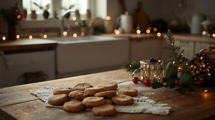 Naklejka premium Cozy kitchen scene with festive lights and homemade treats on a wooden table