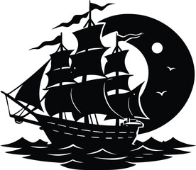 Haunted Ship Sailing At Night Silhouette Art | Ghost Pirate Ship Halloween Illustration