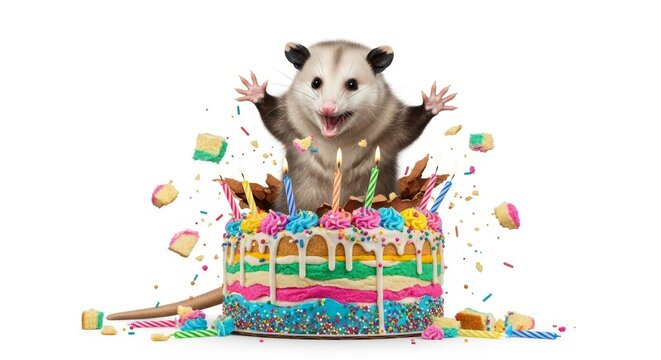 opossum bursting out of a birthday cake on a solid white background, dessert, celebration