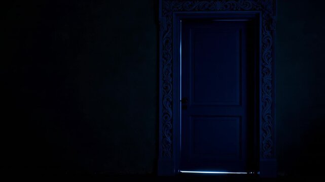 Intricate wooden doorway slightly ajar, casting intense azure illumination across shadowy interior space, creating stark visual divide between darkness and brilliant light source.