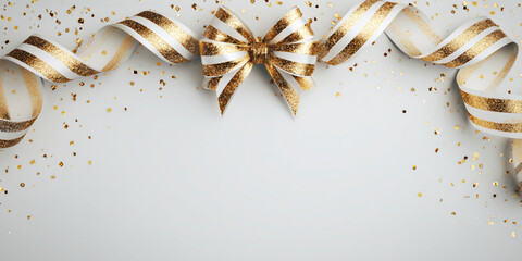 Minimalistic Christmas banner with gold ribbons on a white background. Elegant festive design. Soft lighting. New Year's background.