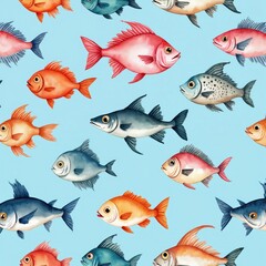 Naklejka premium Seamless pattern of watercolor fish on light blue backdrop. Various colors add an aquatic vibe. Ideal for backgrounds textiles and paper. Sea fish marine food swim in the ocean water illustration.