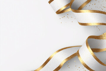 Minimalistic Christmas banner with gold ribbons on a white background. Elegant festive design. Soft lighting. New Year's background.