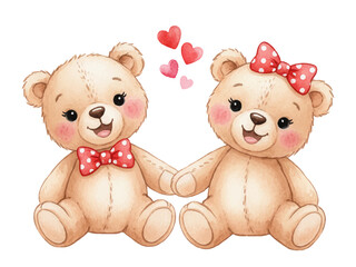 Сheerful teddy bears holding hands vector illustration, symbolizing love and friendship. Сute boy bear wears red polka-dot bowtie, girl bear has matching hair bow. Perfect for Valentine's Day cards