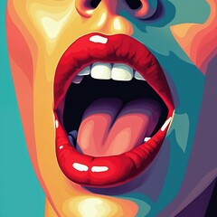 Obraz premium Colorful illustration of woman open mouth with red lips and tongue. Vibrant pop art style with bold colors. Isolated mouth with visible teeth and tongue sticking out.
