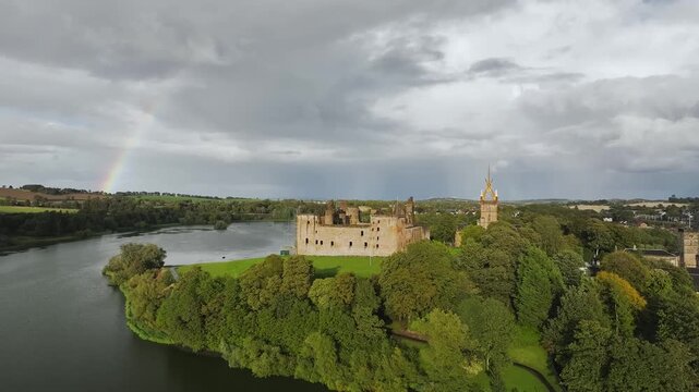 Linlithgow Palace from a drone, Linlithgow Loch, West Lothian, Scotland