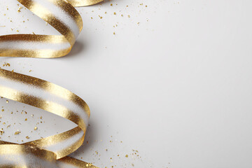 Minimalistic Christmas banner with gold ribbons on a white background. Elegant festive design. Soft lighting. New Year's background.
