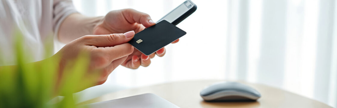 Woman uses credit card and phone for online shopping. She enters card details on smartphone for secure payment and digital commerce. Mobile banking and contactless purchase is easy. - Powered by Adobe