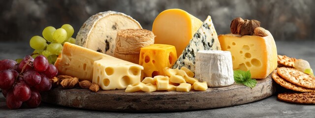 A tempting selection of various cheeses with grapes and crackers