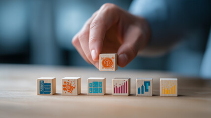 Business scene with hand placing soft skill blocks labeled teamwork, creativity, integrity, and adaptability in AI-driven environment 