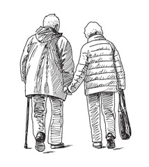 Couple old spouses, seniors, elderly people walking outdoors together, back view, vector realistic outline hand drawing