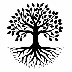 Black floral tribal tree silhouette with roots and butterfly wings vector design illustration art