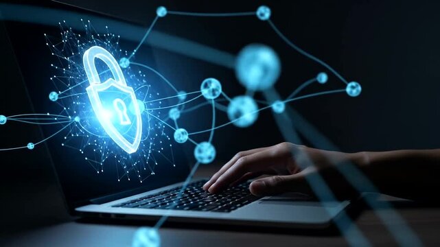 Digital security concept with a glowing padlock on a laptop screen