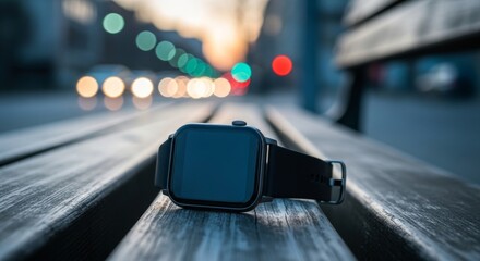 Smartwatch Technology on Bench Cityscape Background Close Up Macro