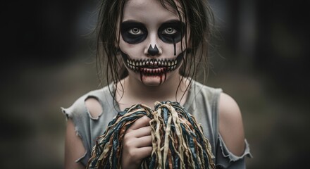 Kid with skull makeup in a damaged cheerleader uniform holding pom-poms in an abandoned ruined room. Halloween zombie costume cinema idea for horror banner concept.