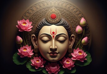 Serene divine face of lord krishna surrounded by pink lotuses and sacred mandala