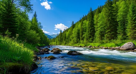 Rushing river flowing through a lush green forest valley under a blue sky water stream