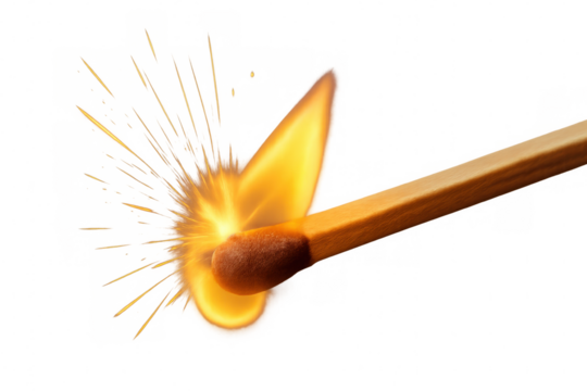 Matchstick igniting with vibrant flame and sparks, symbolizing new ideas, starting concepts, or beginning projects