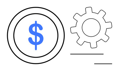 Dollar sign in a circle next to a gear and minimalistic lines. Ideal for finance, operations, productivity, optimization, business strategy, planning, economic growth. Simple flat metaphor