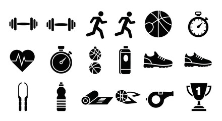 Dynamic collection of sports and fitness vector icons, featuring athletic equipment, health monitoring, and active lifestyle symbols for various design projects