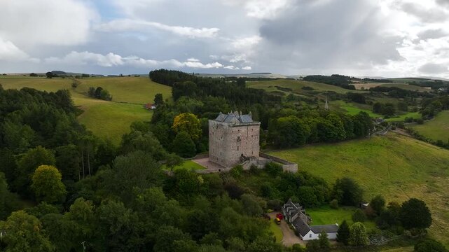 Borthwick Castle from a drone, Midlothian, Scotland, UK