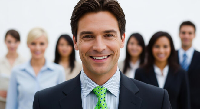 Smiling leader in a green tie stands out against his team, a dynamic image symbolizing success, corporate unity and charismatic leadership
