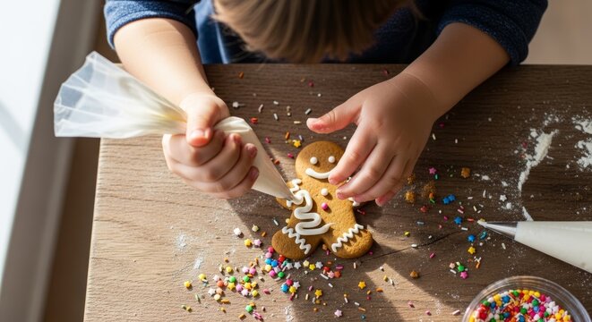 A close-up, overhead shot of a child's hands using a piping bag to decorate a gingerbread man cookie with white icing and colorful sprinkles on a wooden table.