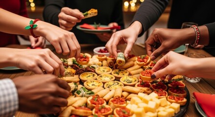A close-up of diverse hands reaching for and taking various appetizers and finger foods from a platter at a festive holiday gathering.