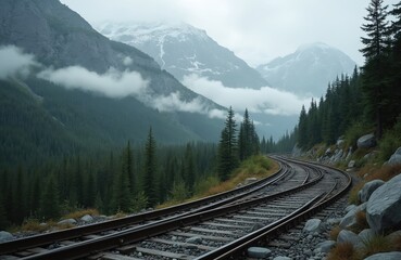 Fototapeta premium Train tracks curve through a dense evergreen forest leading toward mist covered mountains. Rocky slopes and fog enhance the remote, wild atmosphere. Scenic journey awaits through nature.
