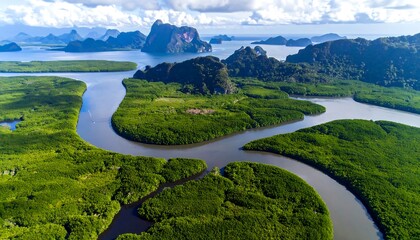 Aerial view of lush green islands and winding rivers near a mountainous coastline under a partly cloudy sky