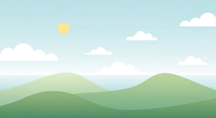 Scenic Landscape Illustration of Hills and Clouds on a Sunny Day
