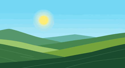 Simple vector illustration of a cartoon landscape with rolling green hills and sun