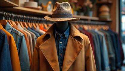 Fototapeta premium Mannequin dressed in camel coat, straw hat stands in clothing store. Denim shirt underneath coat. Racks of garments, accessories visible in background. Fashion boutique with stylish merchandise on