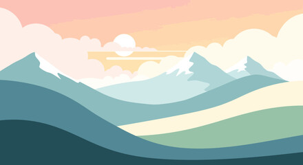 Stylized minimalist landscape of mountains and rolling hills at sunrise