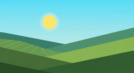 Vibrant and serene illustration of rolling green hills basking under a warm, bright sun in a clear blue sky