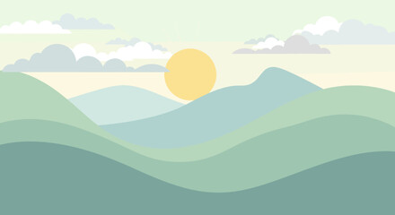Peaceful Mountain Range Landscape at Sunrise with Pastel Color Palette