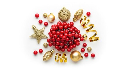 Ornamental Arrangement Festive Spheres Berry Cluster Decoration Gold Collection Elegant Star Pinecones Spiral Celebration Arrangement Isolated Joyful Background