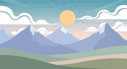 Illustrated Panoramic Landscape of Majestic Mountains and Rolling Hills Under a Radiant Sunrise or Sunset Sky