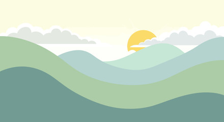 Minimalist abstract landscape of rolling green hills at sunrise or sunset