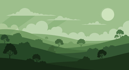Green Hills Landscape with Trees and Sunlight Background