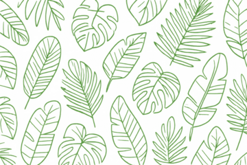 Seamless tropical line art leaves pattern creating a botanical texture, transparent background vector illustration