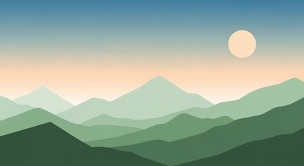 Serene minimalist mountain landscape with layered peaks and a soft, glowing sun, ideal for tranquil nature backgrounds
