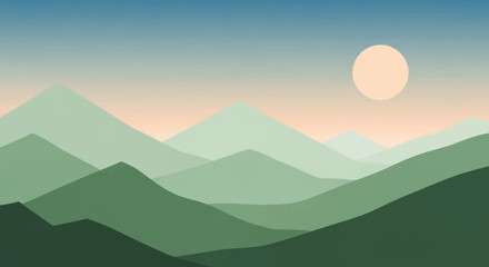 A serene minimalist landscape of layered green mountains at dawn