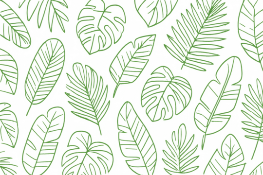 Seamless tropical line art leaves pattern creating a botanical texture, transparent background vector illustration - Powered by Adobe