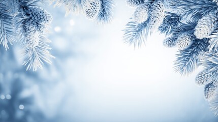 Snow Covered Pine Cones and Branches on Blue Winter Background with Copy Space